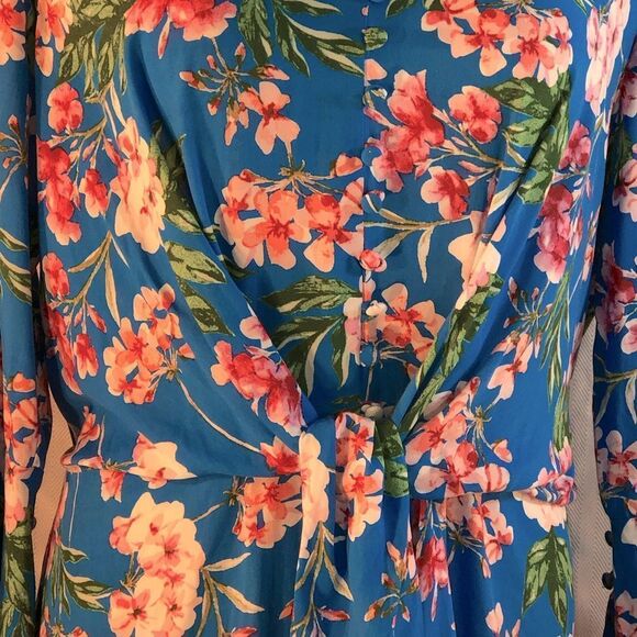 Lulu’s Blue & Pink Floral Mid Length Front Sash Tie Bell Cuffs Dress M - Picture 3 of 10